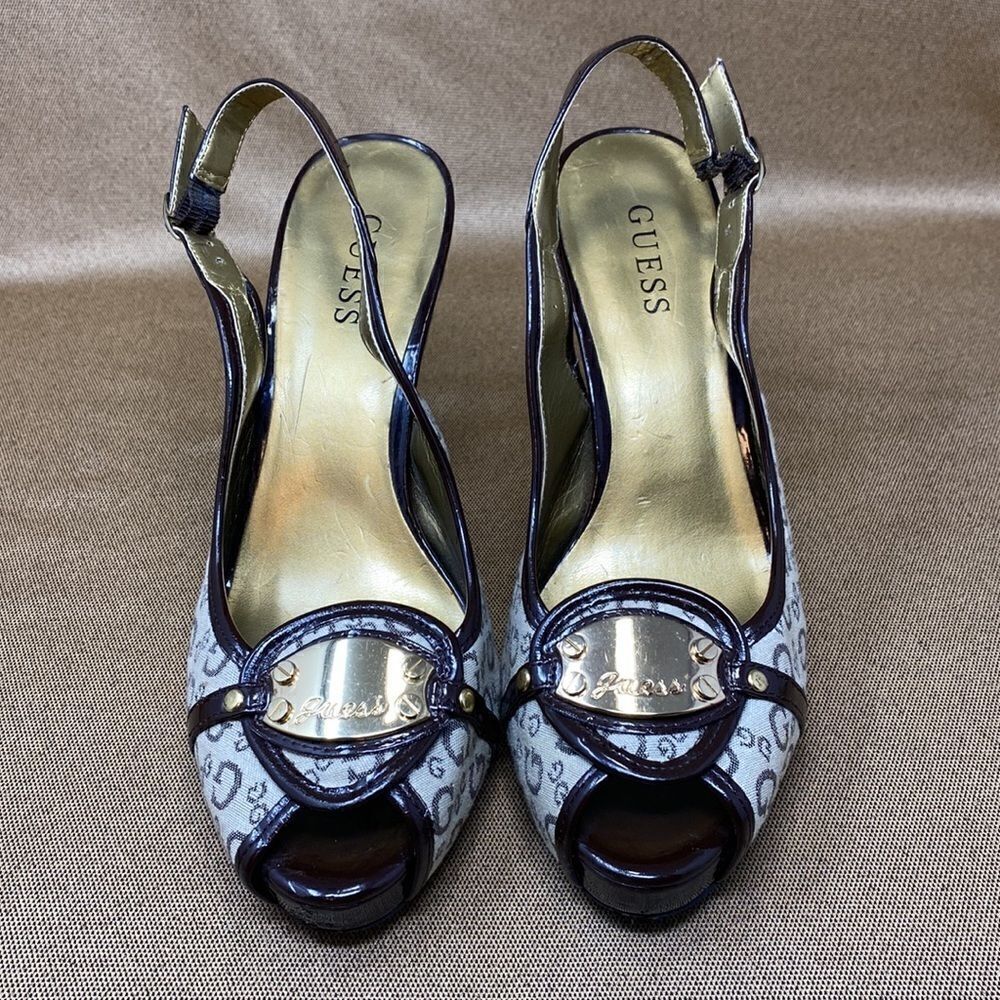 Guess Monogram Peep Toe Platform Slingback Heels - Picture 8 of 13